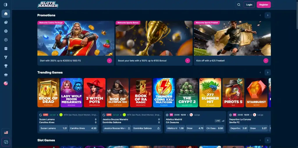 Actuele bonus- en promotiesectie van Slots Hammer met zichtbare aanbiedingskaarten en voorwaarden
