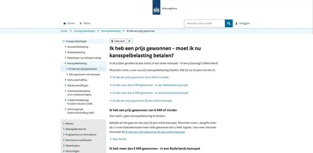 Belastingdienst-pagina over kansspelbelasting bij online kansspelen zonder Nederlandse vergunning
