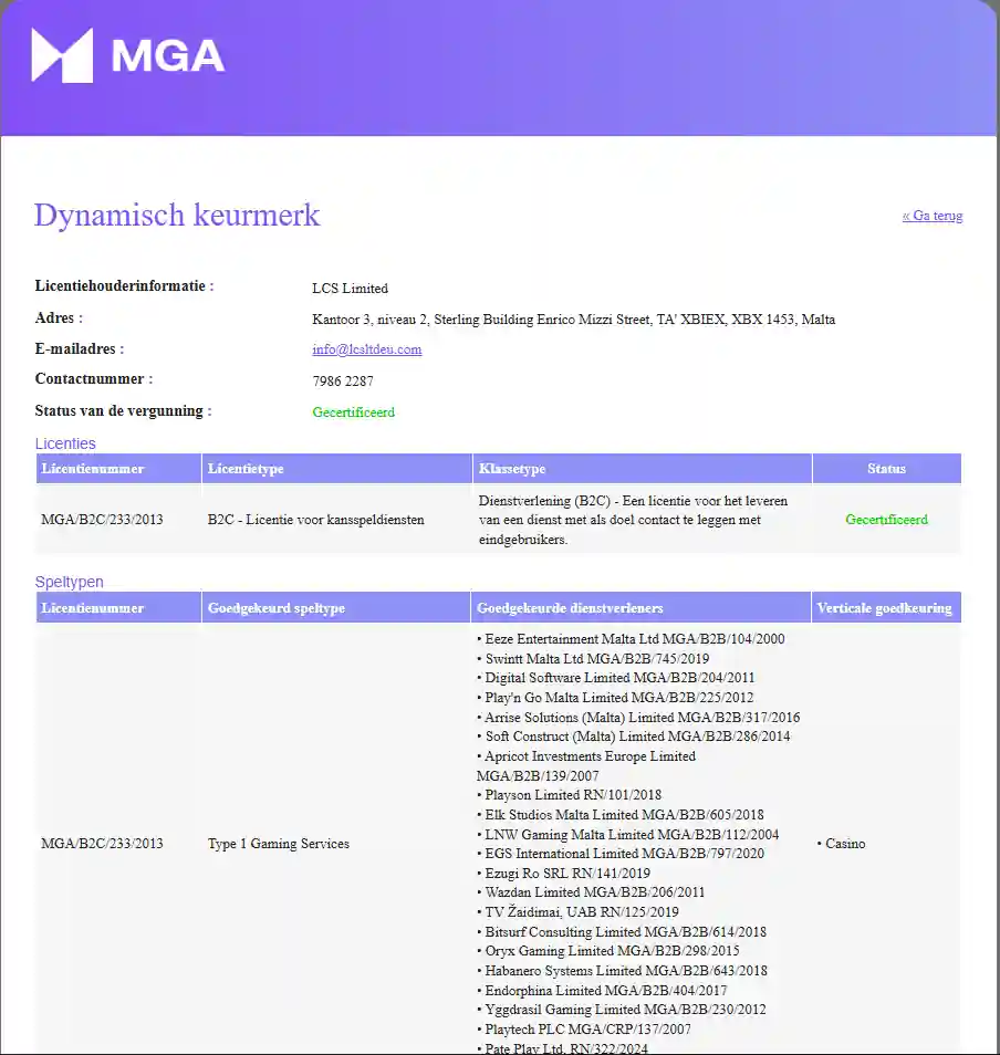 Officiële MGA-registervermelding van L.C.S Limited met licentienummer MGA B2C 233 2013