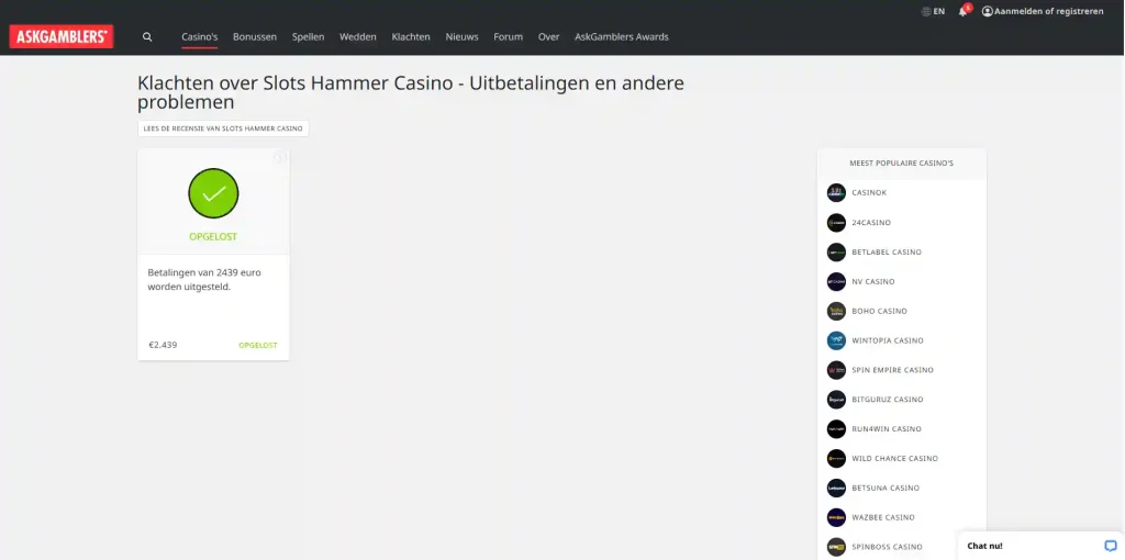 Publiek overzicht met klachten over Slots Hammer en zichtbare klachtstatussen