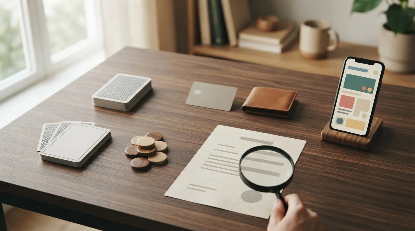 Redactionele illustratie van een casino-evaluatie met symbolen voor spellen, betalingen, licentie en mobiel gebruik