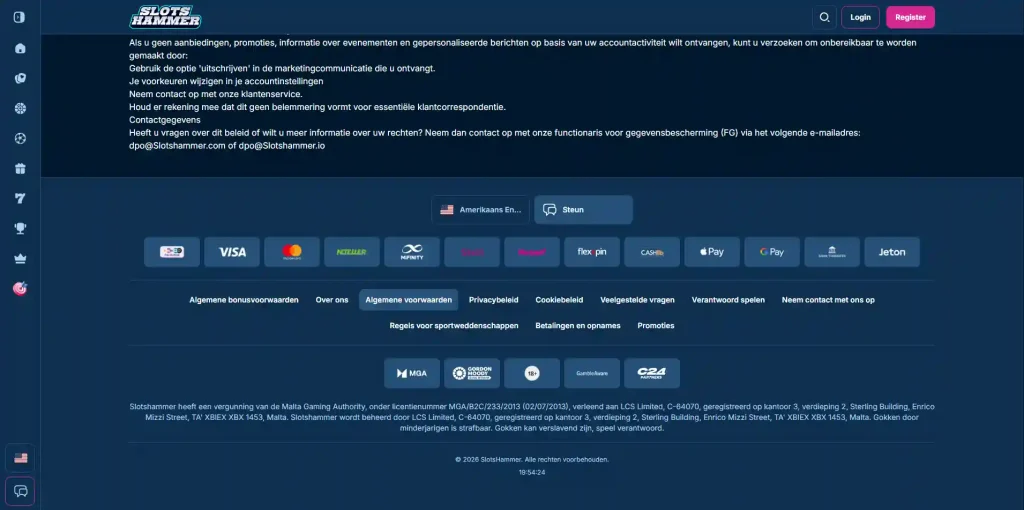 Slots Hammer betaalomgeving met de beschikbare stortingsopties voor een ingelogde rekening