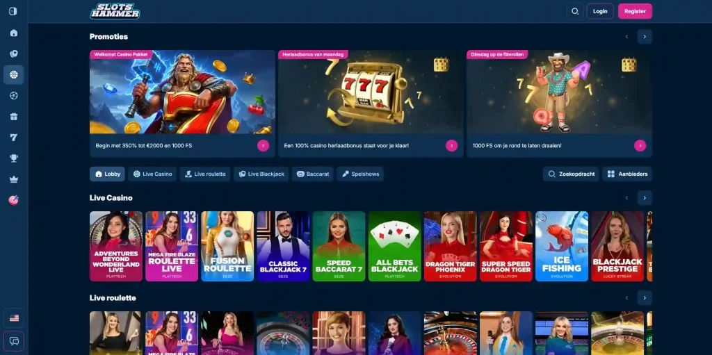 Slots Hammer livecasino-overzicht met tafels, categorieën en spelaanbieders