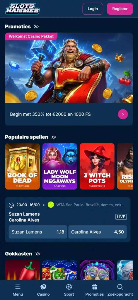 Slots Hammer mobiele webbrowserweergave of accountbedieningsomgeving op een telefoon