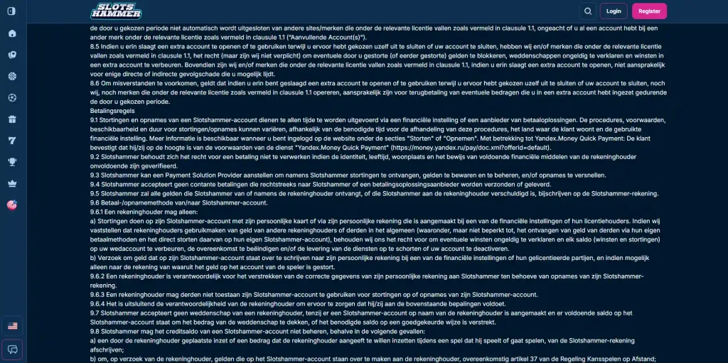 Slots Hammer opnamepagina met beschikbare uitbetalingsmethoden en actuele accountvoorwaarden